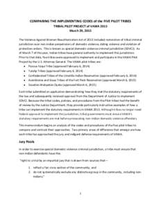 COMPARING THE IMPLEMENTING CODES of the FIVE PILOT TRIBES TRIBAL PILOT PROJECT of VAWA 2013 March 29, 2015 The Violence Against Women Reauthorization Act of 2013 included restoration of tribal criminal jurisdiction over 