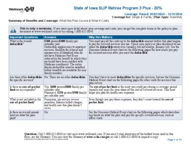State of Iowa SLIP Retiree Program 3 Plus - 20% Coverage Period: [removed] – [removed]Coverage for: Single & Family | Plan Type: Indemnity Summary of Benefits and Coverage: What this Plan Covers & What it Costs This