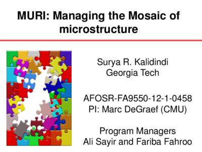 MURI: Managing the Mosaic of microstructure Surya R. Kalidindi Georgia Tech AFOSR-FA9550PI: Marc DeGraef (CMU)