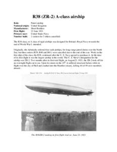 R38 (ZR-2) A-class airship Role: National origin: Manufacturer: First flight: Primary user: