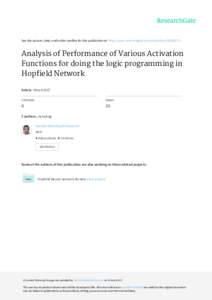 See	discussions,	stats,	and	author	profiles	for	this	publication	at:	https://www.researchgate.net/publicationAnalysis	of	Performance	of	Various	Activation Functions	for	doing	the	logic	programming	in Hopfield