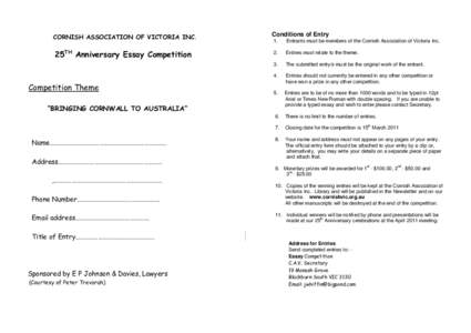 CORNISH ASSOCIATION OF VICTORIA INC.  25TH Anniversary Essay Competition Competition Theme