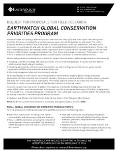 PHONE: WEB: earthwatch.org EMAIL:  REQUEST FOR PROPOSALS FOR FIELD RESEARCH: