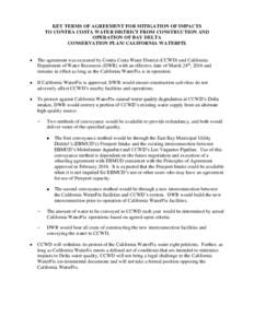 KEY TERMS OF AGREEMENT FOR MITIGATION OF IMPACTS TO CONTRA COSTA WATER DISTRICT FROM CONSTRUCTION AND OPERATION OF BAY DELTA CONSERVATION PLAN/ CALIFORNIA WATERFIX 
