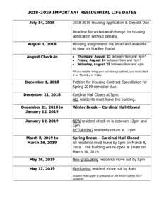 IMPORTANT RESIDENTIAL LIFE DATES July 14, Housing Application & Deposit Due Deadline for withdrawal/change for housing application without penalty