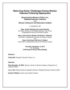 Returning Home: Challenges Facing Women Veterans Following Deployment Sponsored by Women’s Policy, Inc., Disabled American Veterans, and Women’s Research and Education Institute