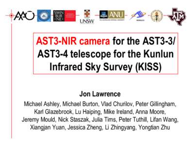 AST3-NIR camera for the AST3-3/ AST3-4 telescope for the Kunlun Infrared Sky Survey (KISS) Jon Lawrence Michael Ashley, Michael Burton, Vlad Churilov, Peter Gillingham, Karl Glazebrook, Lu Haiping, Mike Ireland, Anna Moo