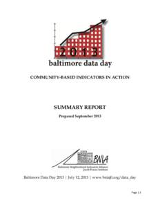 COMMUNITY-BASED INDICATORS IN ACTION  SUMMARY REPORT Prepared SeptemberBaltimore Data Day 2013 | July 12, 2013 | www.bniajfi.org/data_day
