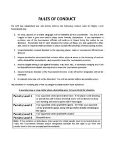 RULES OF CONDUCT The APA has established and will strictly enforce the following conduct rules for Higher Level Tournament play. 1. No loud, abusive or profane language will be tolerated at this tournament. You are in th