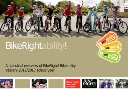 BikeRightability! A statistical overview of BikeRight! Bikeability deliveryschool year About Bikeability The national scheme for teaching children to ride a bike safely and responsibly