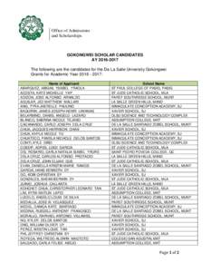 Office of Admissions and Scholarships GOKONGWEI SCHOLAR CANDIDATES AYThe following are the candidates for the De La Salle University Gokongwei