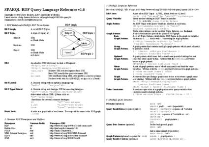 3. SPARQL Language Reference  SPARQL RDF Query Language Reference v1.6 Based on SPARQL WD 19 Apr 2005 <http://www.w3.org/TR/2005/WD-rdf-sparql-query[removed]/>.
