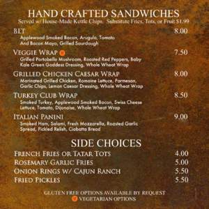 HAND CRAFTED SANDWICHES  Served w/ House-Made Kettle Chips. Substitute Fries, Tots, or Fruit $
