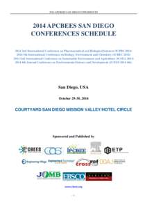 2014 APCBEES SAN DIEGO CONFERENCESAPCBEES SAN DIEGO CONFERENCES SCHEDULE 2014 2nd International Conference on Pharmaceutical and Biological Sciences (ICPBS5th International Conference on Biology, Envir