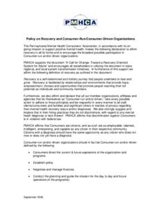 PMHCA Policy Statement of Recovery and Consumer-Run and Consumer-Driven Organizations
