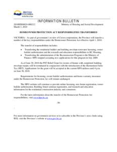 Homeowner Protection Act Responsibilities Transfered - Information Bulletin