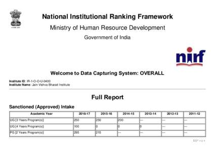 National Institutional Ranking Framework Ministry of Human Resource Development Government of India Welcome to Data Capturing System: OVERALL Institute ID: IR-1-O-O-U-0400