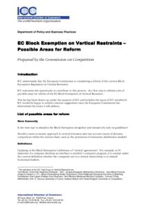 Department of Policy and Business Practices  EC Block Exemption on Vertical Restraints – Possible Areas for Reform Prepared by the Commission on Competition