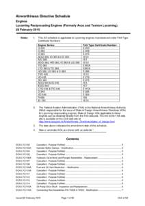 Airworthiness Directive Schedule Engines Lycoming Reciprocating Engines (Formerly Avco and Textron Lycoming) 26 February 2015 Notes
