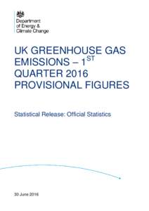 UK GREENHOUSE GAS ST EMISSIONS – 1 QUARTER 2016 PROVISIONAL FIGURES Statistical Release: Official Statistics