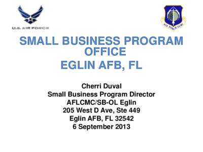 SMALL BUSINESS PROGRAM OFFICE EGLIN AFB, FL Cherri Duval Small Business Program Director AFLCMC/SB-OL Eglin