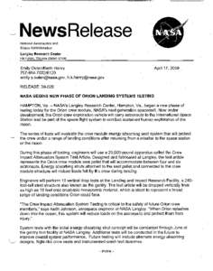 NewsRelease National Aeronautics and Space Administration Langley Research Center Hampton, Virginia 23681.:2199