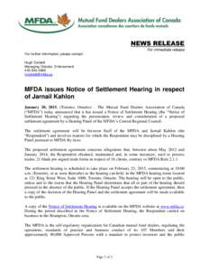 News release - MFDA issues Notice of Settlement Hearing in respect of Jarnail Kahlon