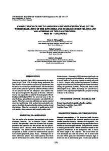 THE RAFFLES BULLETIN OF ZOOLOGY 2010 Supplement No. 23: 131–137 Date of Publication: 31 Oct.2010 © National University of Singapore ANNOTATED CHECKLIST OF ANOMURAN DECAPOD CRUSTACEANS OF THE WORLD (EXCLUSIVE OF THE KI