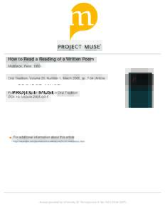 How to Read a Reading of a Written Poem Middleton, Peter, 1950- Oral Tradition, Volume 20, Number 1, March 2005, ppArticle)  Published by Center for Studies in Oral Tradition