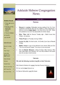 Adelaide Hebrew Congregation News Volume 6 Issue 1 Shabbat Details Friday night service