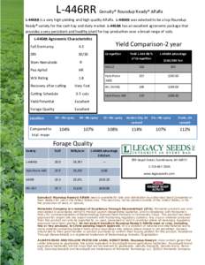 L-446RR  Genuity® Roundup Ready® Alfalfa L-446RR is a very high yielding and high quality Alfalfa. L-446RR was selected to be a top Roundup Ready® variety for the cash hay and dairy market. L-446RR has an excellent ag