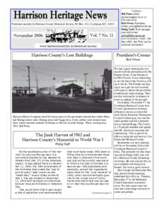 Published monthly by Harrison County Historical Society, PO Box 411, Cynthiana, KY, Vol. 7 No. 11 November 2006