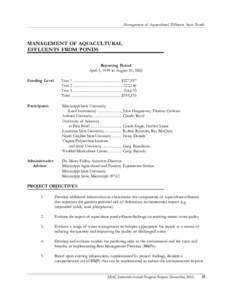 Management of Aquacultural Effluents from Ponds  MANAGEMENT OF AQUACULTURAL EFFLUENTS FROM PONDS Reporting Period April 1, 1999 to August 31, 2003