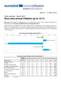 [removed]March[removed]Flash estimate - March 2015 Euro area annual inflation up to -0.1% Euro area1 annual inflation2 is expected to be -0.1% in March 2015, up from -0.3% in February3, according to a