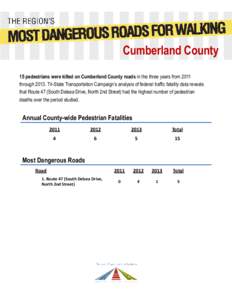 Cumberland County 15 pedestrians were killed on Cumberland County roads in the three years from 2011 throughTri-State Transportation Campaign’s analysis of federal traffic fatality data reveals that Route 47 (So
