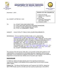 November 1, 2015  ALL COUNTY LETTER NOREASON FOR THIS TRANSMITTAL [ ] State Law Change