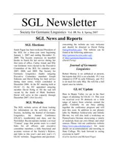 SGL Newsletter Society for Germanic Linguistics Vol. 19, No. 1, SpringSGL News and Reports