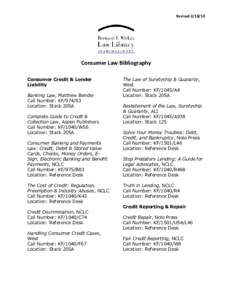 RevisedConsumer Law Bibliography Consumer Credit & Lender Liability Banking Law, Matthew Bender