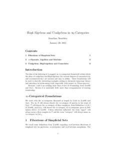 Hopf-Algebras and Coalgebras in ∞-Categories Jonathan Beardsley January 20, 2015 Contents 1 Fibrations of Simplicial Sets