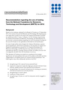 24 NovemberRecommendation regarding the use of funding from the National Foundation for Research, Technology and Development (NSFTE) for 2012