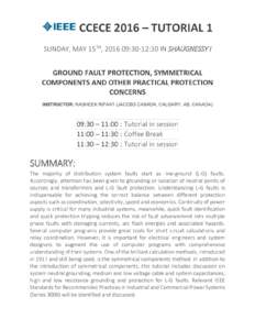 CCECE 2016 – TUTORIAL 1 SUNDAY, MAY 15TH, :30-12:30 IN SHAUGNESSY I GROUND FAULT PROTECTION, SYMMETRICAL COMPONENTS AND OTHER PRACTICAL PROTECTION CONCERNS