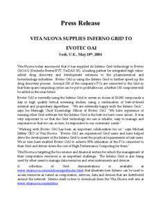 Press Release VITA NUOVA SUPPLIES INFERNO GRID TO EVOTEC OAI