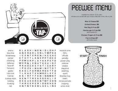PEEWEE MENU Available for children 12 & under All items are served with your choice of fountain drink, milk or juice Mac & Cheese $6 Grilled Cheese $6
