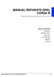 MANUAL REPARATII OPEL CORSA B MROCBPDF-WWOM15-5 | 26 Page | File Size 1,381 KB | 29 May, 2016 TABLE OF CONTENT Introduction