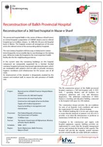 Reconstruction of Balkh Provincial Hospital Reconstruction of a 360 bed hospital in Mazar-e Sharif The provincial hospital Balkh in the centre of Mazar-e-Sharif serves as central Hospital a population of[removed]citizens 