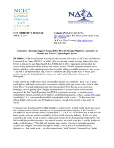 Consumer Advocates Support Senate Bill to Provide Greater Rights to Consumers to Prevent and Correct Credit Report Errors