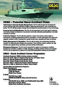 DE&S – Potential Naval Architect Roles Technology & Concept Design Management. The NA will manage the development of new concept ship and submarine designs, balancing performance, cost, schedule and safety. The NA will