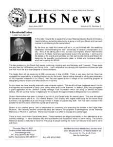 A Newsletter for Members and Friends of the Lenexa Historical Society  LHS News May/JuneVolume 25, Number 3