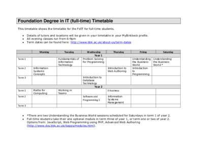 Foundation Degree in IT (full-time) Timetable This timetable shows the timetable for the FdIT for full-time students.   