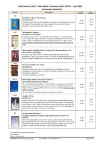 THE RICHARD III SOCIETY MAIL ORDER CATALOGUE: ISSUE NO 10 – April 2016 BOOKS AND PAMPHLETS Stock Ref Title/Description
